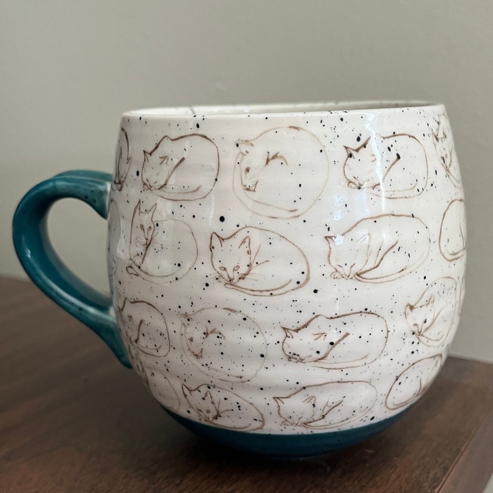 Leah Reena Goren Sleeping Cats Speckled Ceramic Mug Teal Cream Artisan Pottery